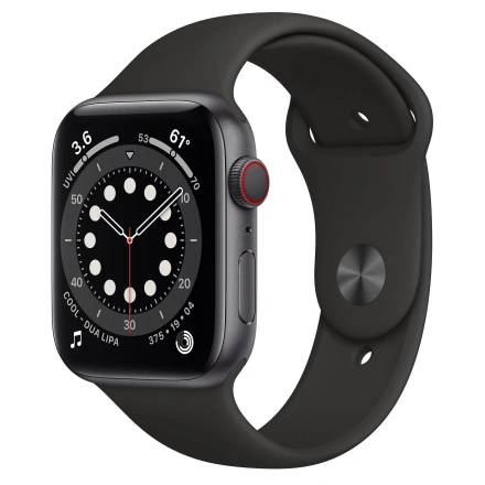 Apple Watch Series 6 GPS + Cellular 44mm Space Gray Aluminum Case with Black Sport Band (M07H3, MG2E3)